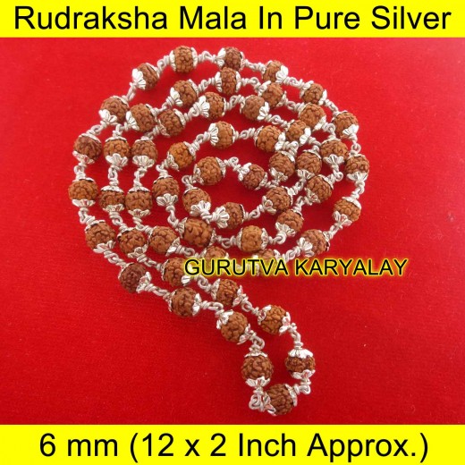 MANTRA SIDDHA RUDRAKSHA MALA IN PURE SILVER (6 MM 12" X 2 Inch) NATURAL BEADS